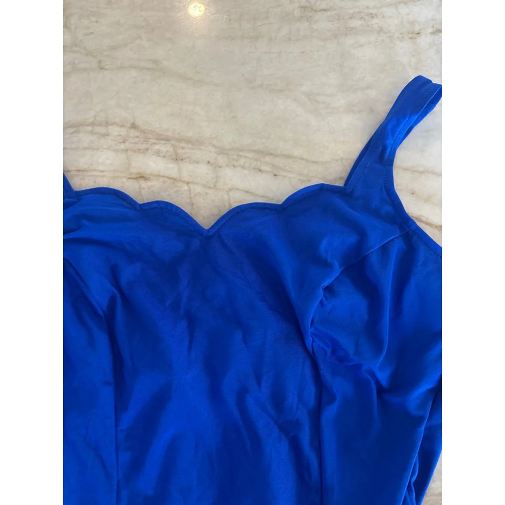 Vintage Women's Robby Len Cobalt Blue One Piece Swimsuit 24W with Beige Lining